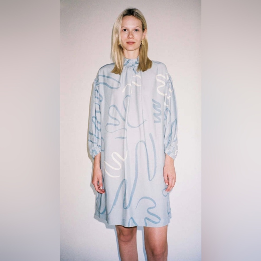 Eve Gravel Blue Joplin Long Sleeve Loose Tunic Abstract Print Mini Dress large